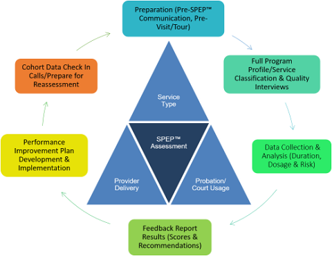 The Standard Program Evaluation Protocol Lifecycle image represents a process of assessing locally-developed and research-based services regarding service type, probation/court usage, provider delivery in stages of preparation, interviews with providers, data collection, feedback reports, creating performance improvement plan, reassessment