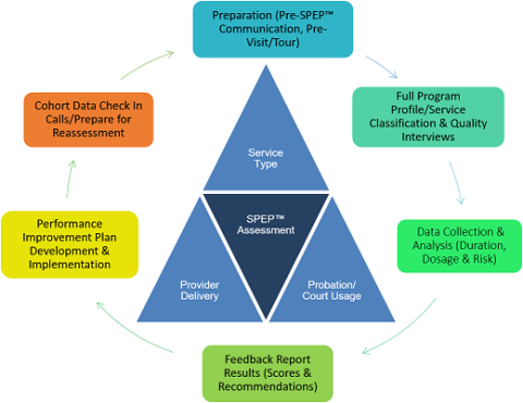 The Standard Program Evaluation Protocol Lifecycle image represents a process of assessing locally-developed and research-based services regarding service type, probation/court usage, provider delivery in stages of preparation, interviews with providers, data collection, feedback reports, creating performance improvement plan, reassessment 