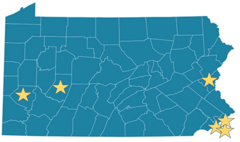 Community Coalitions Capacity Building (CCCB) map of locations in Pennsylvania