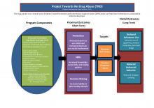 Graphic image of Project Towards No Drug Abuse Logic Model that outlines the program components, target areas and outcomes expected from program implementation